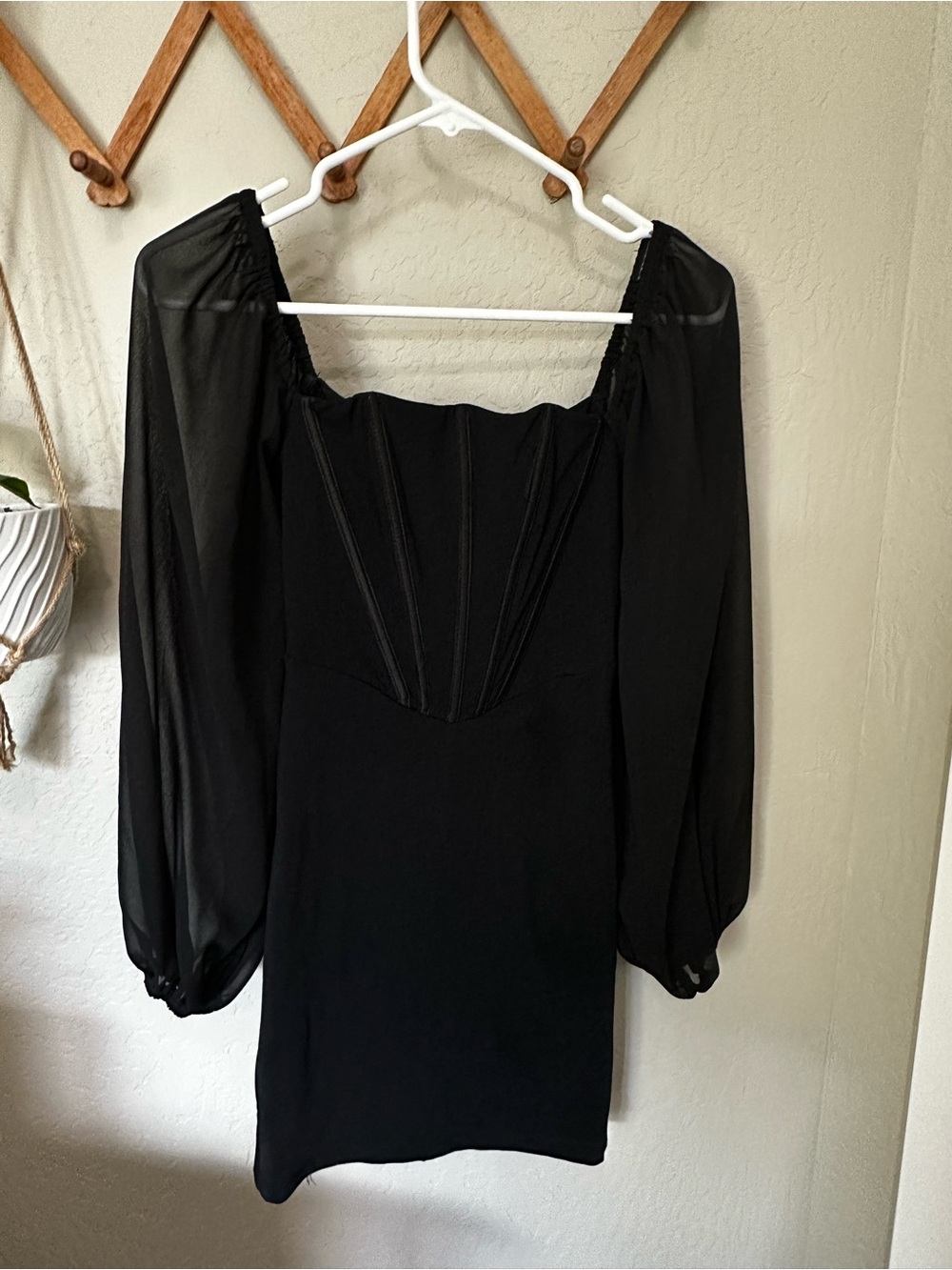 Hello Molly Black Square-Neck Mini Dress with Sheer Puff Sleeves